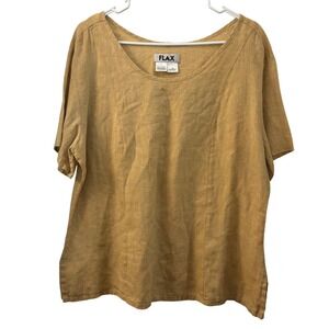 FLAX Linen Tunic Top Yellow Mustard Short Sleeve Oversized Women's Medium Beach